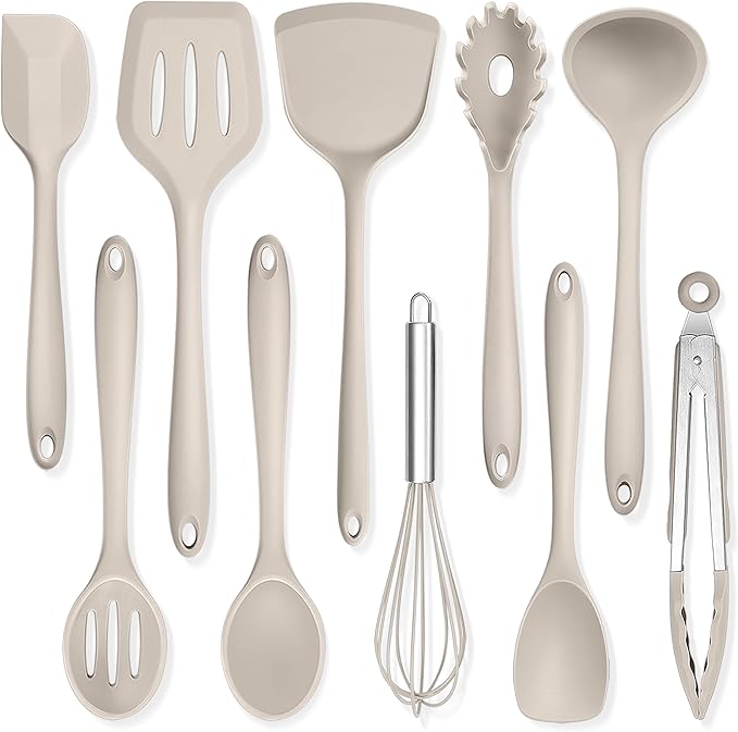 TeamFar Kitchen Cooking Utensils, 10 pcs Silicone Cooking Utensils Set, 446°F Heat Resistant Kitchen Gadgets Tools Set w/Spatula, Turners, Spoons, Soup Ladle, Pasta Server for Nonstick Cookware, Khaki