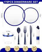 BESTVIP 175Pcs Clear Blue Plastic Plates for Party, Disposable Clear Dinnerware Set for 25 Guests, 50 Plastic Plates, 25 Cups, 25 Pre-Rolled Napkins with Cutlery for Party, Wedding, Christmas