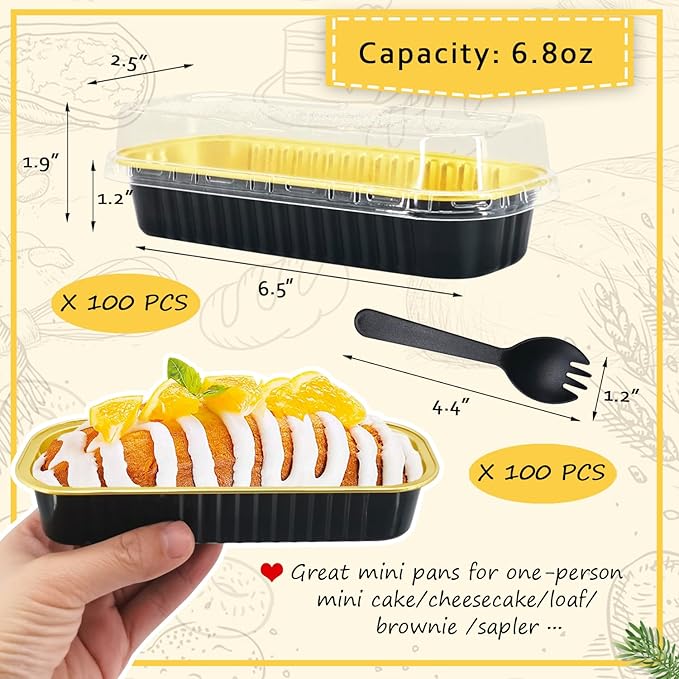 Mini Loaf Pans with Lids 100 Pack,LNYZQUS 6.8oz Aluminum Foil Mini Cake Baking Pans Cupcake Tins Containers,Disposable Ramekins Bread Baking Cups Muffin Tins Holders-Black