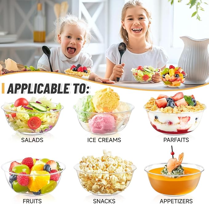 Qeirudu 10 oz Small Clear Plastic Bowls, 100 Pack Disposable Hard Plastic Party Serving Bowls for Salads, Ice Creams, Fruit, Desserts, Parfaits, Snacks