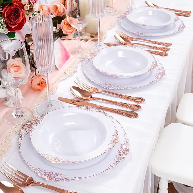 100PCS Rose Gold Plastic Bowls - 12 oz Disposable Salad Bowls - Heavy Duty Disposable Soup Bowl - Fancy Plastic Ice Cream Bowl for Weddings Parties Catering Picnics Mother‘s Day