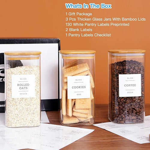 3 Pack Square Glass Kitchen Storage Jars with Airtight Bamboo Lids and 132 Pantry Labels - 54oz Glass Canisters with Wood Lids - Food Storage for Sugar, Rice, Pasta, Cereal