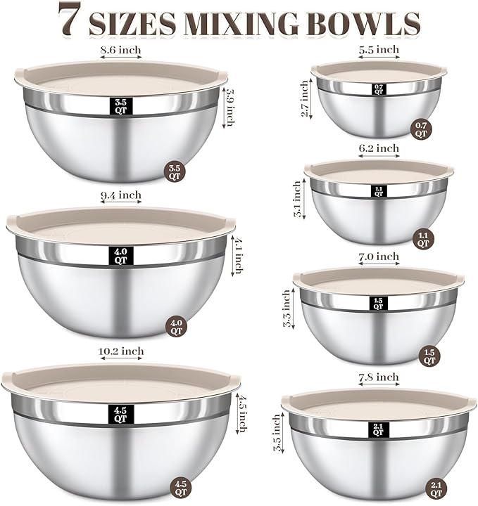 Mixing Bowls with Lids Set - 7PCS Nesting Mixing Bowls, Airtight Lids, Stainless Steel Mixing Bowls for Mixing, Baking & Meal Prep, Dishwasher Safe, Size 0.7/1.1/1.5/2.1/3.5/4/4.5 QT, Khaki