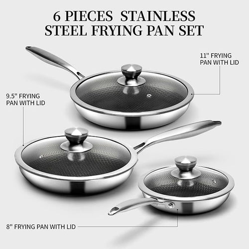 6 Pieces Stainless Steel Frying Pan Set with Lids, Honeycomb Nonstick Frying Pan Set 3 Pcs,Induction Skillet Set Egg Omelette Frying Pan Sets W/Lid, Induction Compatible, PFOA Free