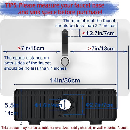 Amerner Kitchen Sink Splash Guard, 10° Large Slope & Adaptable Hole Faucet Mat for Kitchen Sink, Silicone Sink Organizer Sponge Holder for Kitchen, Bathroom, RV, Bar, 14.2” x 5.1”, Black