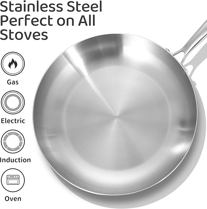 LOLYKITCH 10-12 Inch Tri-ply Stainless Steel Frying Pan Set with Lids,Skillets,Induction Cookware Set,Dishwasher and Oven Safe,Detachable Handle