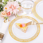 DaYammi 210 PCS Gold Plastic Plates, Gold Plastic Dinnerware Sets, Includes: 30 Dinner Plates, 30 Salad Plates, 30 Pre Rolled Napkins with Gold silverware,30 Cups 9 OZ, Perfect for Wedding and Party