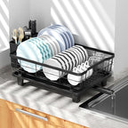 Small Dish Drying Rack, Space Saving Dish Racks for Kitchen Counter, Kitchen Organizer Dish Drainer with Cutlery Holder for Spoons and Forks, 11''W x 15''L, Black