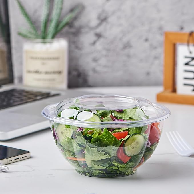 Jaluxing [32 oz. 150 Sets Clear Plastic Salad Bowls with Airtight Lids Disposable To Go Mixing Containers Serving for Fruit, Quinoa, Lunch and Meal Prep