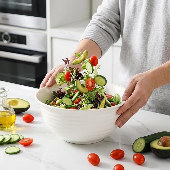 Serving Bowls Set of 2, 60 Ounce Ceramic Large Bowls, Deep Kitchen Bowls for Salad Soup Ramen Pasta Cereal Fruit, Microwave Oven Dishwasher Safe, Ideal for Home Dining & Gifting, Creamy White