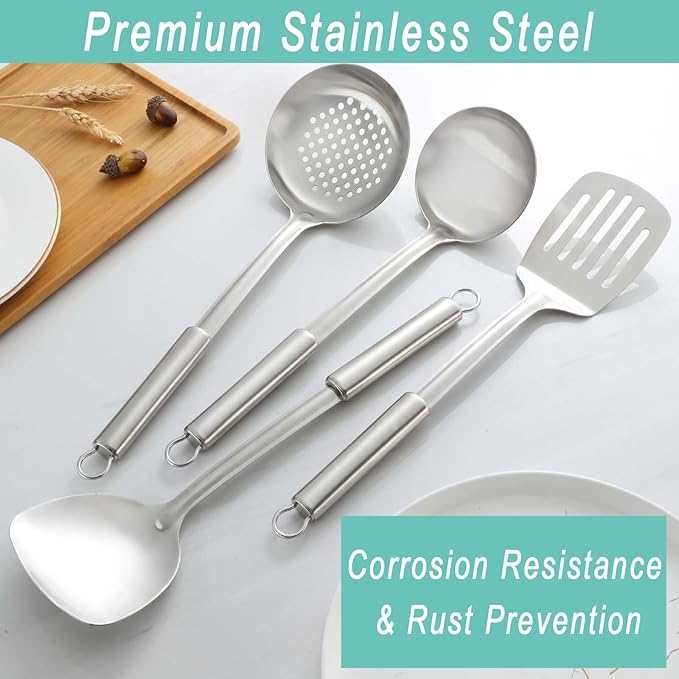 Pleafind Cooking Utensils Set - 4 Pcs Stainless Steel Kitchen Utensils, Wok Utensils Set Include Wok Ladle, Wok Spatula, Slotted Spoon and Slotted Spatula, Dishwasher Safe