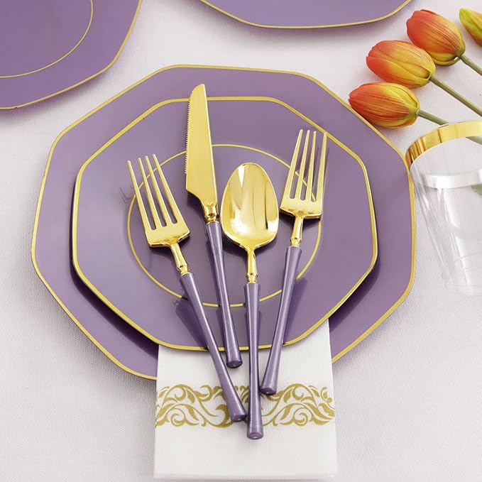 KIRE 140Pcs Purple Plastic Plates with Gold Rim& Gold Disposable Plastic Silverware with Handle&Clear Cups&Hand Napkin- Geometric Purple Plastic Plates for Parties & Mardi Gras