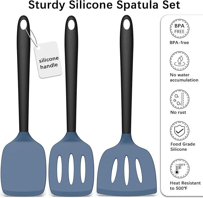 Coukre 3 Pack Silicone Spatula Set, High Heat Resistant, BPA-Free, Fish Spatula, Solid & Slotted Turner for Non-Stick Pans, Flipping Eggs, Pancakes, Fish, Burgers (3, DarkBlue)