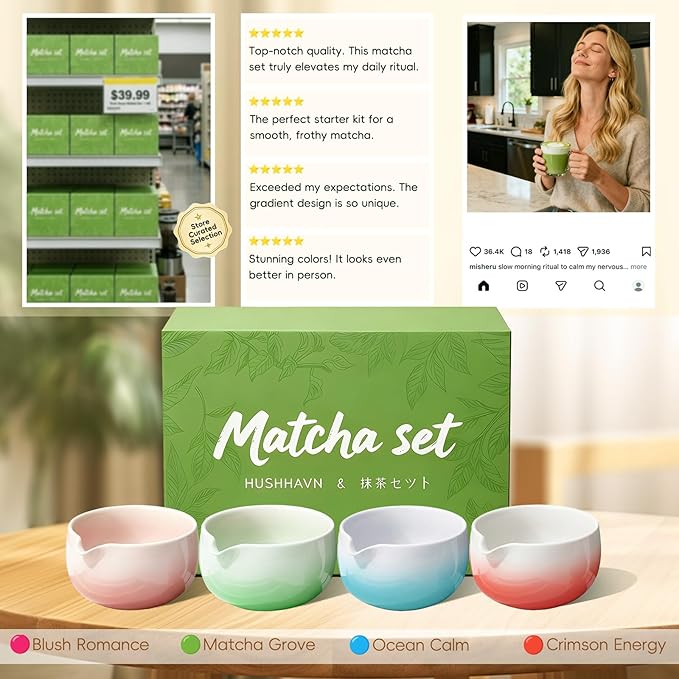 Matcha Whisk Set, Ceramic Matcha Set Includes Bowl & Holder, Bamboo Whisk (Chasen), Scoop, Spoon and Sifter, 6PCS Matcha Kit Covers Everything Needed for Making Matcha (Green)