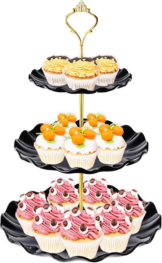 BACUTHY 3 Tier Cupcake Stand Holder, Plastic Cup Cake Stand Towel with Tiered Serving Tray for Cupcakes, Donuts, Fruits and More, White (Black)
