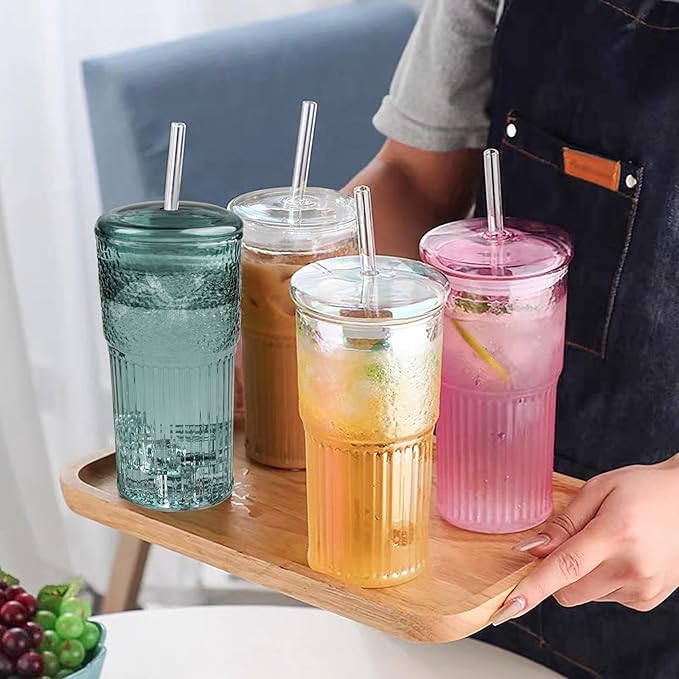 JunVpic Glass Cups with Lids and Straws, 20 OZ Multi Iced Coffee Glasses Tumblers for Ice Water, Juice, Tea, Milk, Smoothie and Cold or Hot Drinks, Set of 2
