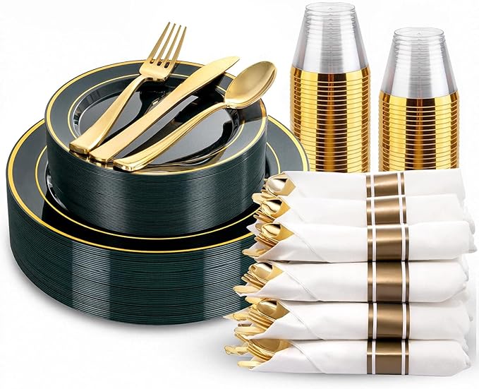 WDF Partyware 175PCS Green Plastic Plates - Green and Gold Disposable Plates 25Guests Plastic Plates with Rolled Napkins for Birthday/Party/Wedding
