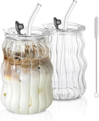 Ribbed Glass Cups with Lids and Straws – Unique Glasses for Iced Coffee, 18oz Vintage Design, Ideal Wavy Coffee Cups with Straws, Bubble Glass Aesthetic, Clear Ribbed Glasses