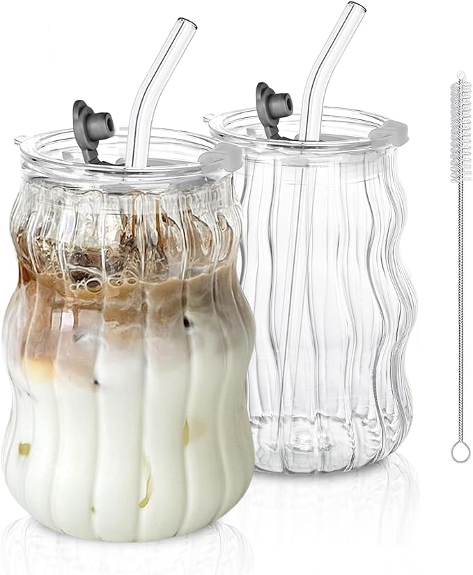 Ribbed Glass Cups with Lids and Straws – Unique Glasses for Iced Coffee, 18oz Vintage Design, Ideal Wavy Coffee Cups with Straws, Bubble Glass Aesthetic, Clear Ribbed Glasses