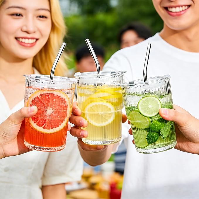6 Pack 13oz Ribbed Glass Tumbler with Lid and Straw, Iced Coffee Cup Set, Boba Aesthetic Drinking Mug, Coffee Glasses for Matcha Smoothie Juice Tea Latte Cappuccino Cocktail