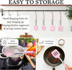 TeamFar Kitchen Utensils, 4 PCS Silicone Cooking Utensils Spatula Spoon Set with Stainless Steel Handle, for Frying Mixing Draining Turning, Healthy & Heat-proof, Non-stick & Dishwasher Safe - Pink