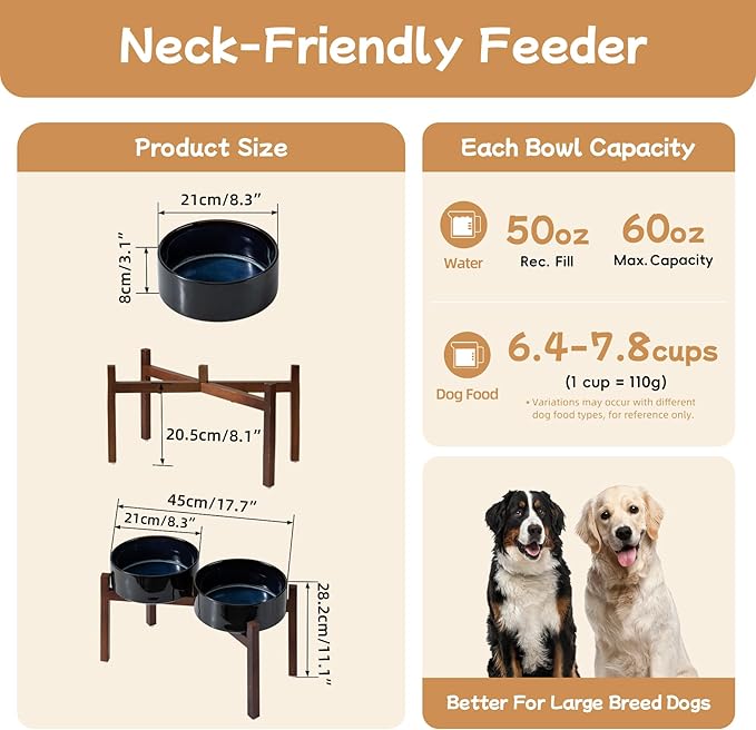 Havniva Ceramic 8.2inch Raised Double Dog Bowls Set with Acacia Wood Stand, Food & Water Bowls for Large Breed Dogs, Weighted Pet Dishes(60oz, Starry Sky)