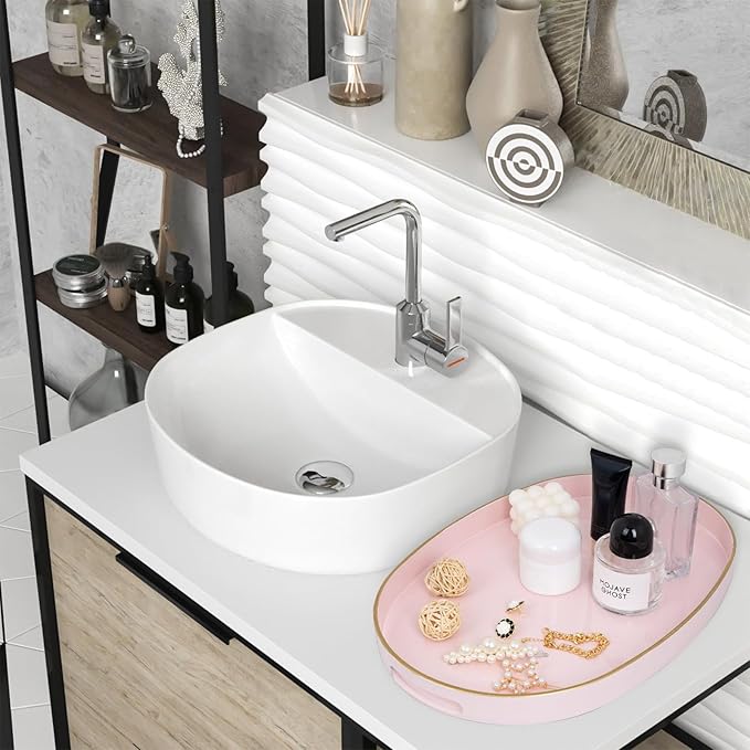 MAONAME Pink Decorative Tray, Oval Serving Tray with Handles, Plastic Trays for Coffee Table, Ottoman Trays for Living Room, Bathroom, 15.6" X 10.6" X 1.4"