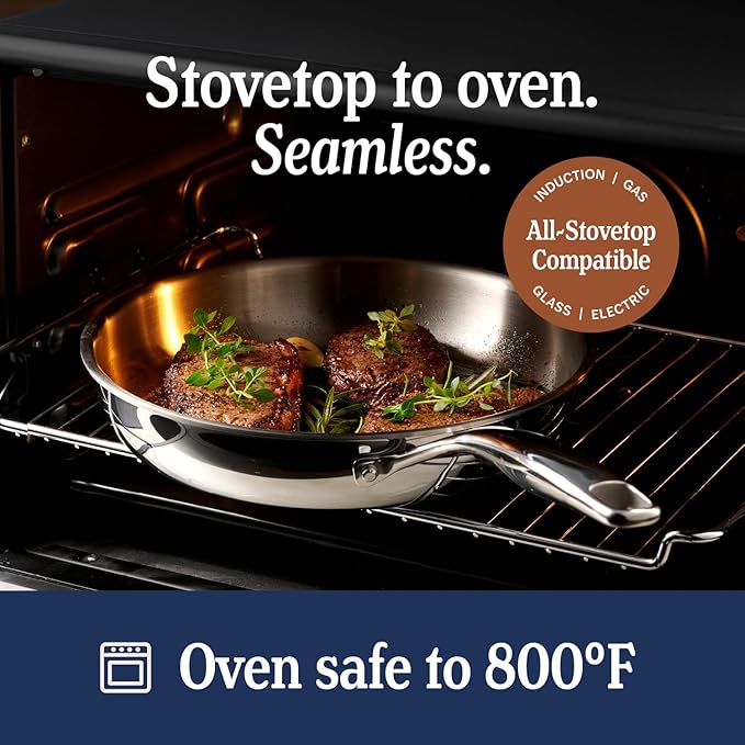 LEGEND COOKWARE 5-Ply Stainless Steel 5-Quart Saute Pan with Lid - Induction Compatible, Oven Safe 800°F - Non-Toxic, No Coatings - Even Heating, Won't Warp - Built to Last Generations