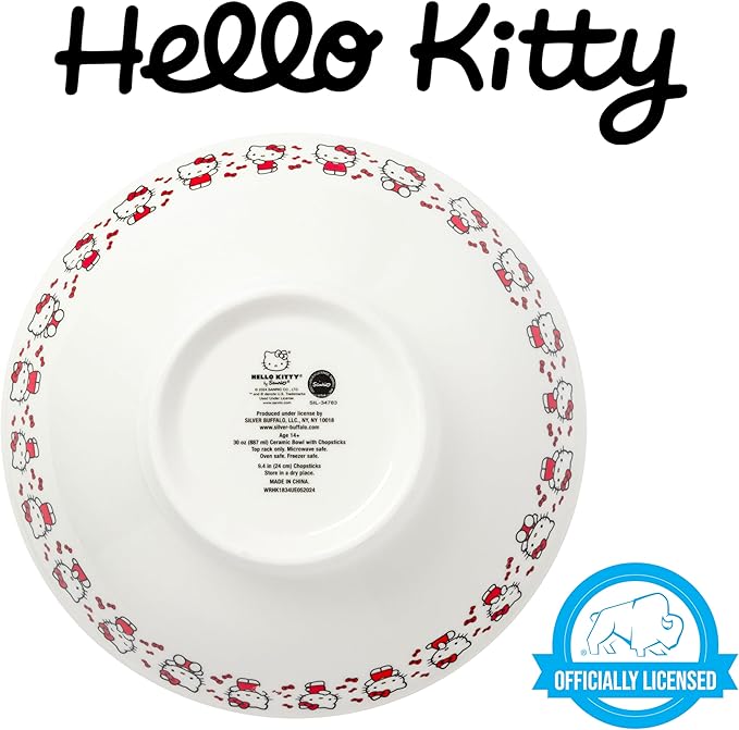Silver Buffalo Hello Kitty Red Stripes and Bows Ceramic Ramen Noodle Rice Bowl with Chopsticks, Microwave Safe, 30 Ounces