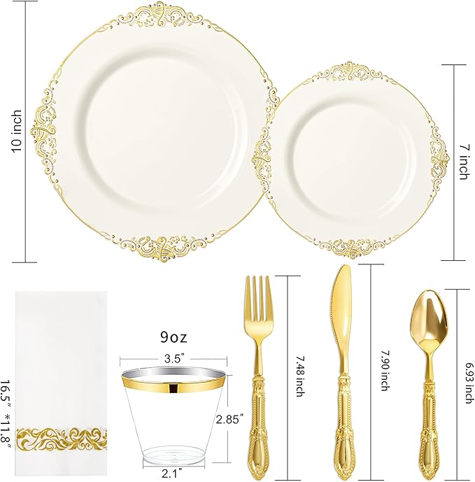 Morejoy 175 PCS Lvory Plastic Plates - Lvory Gold Plastic Dinnerware Set Include 25Dinner Plates, 25Dessert Plates 50Cutlery, 25Cups, 50Napkin Perfect for Party & Wedding