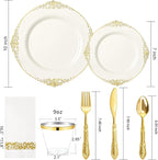 Morejoy 175 PCS Lvory Plastic Plates - Lvory Gold Plastic Dinnerware Set Include 25Dinner Plates, 25Dessert Plates 50Cutlery, 25Cups, 50Napkin Perfect for Party & Wedding