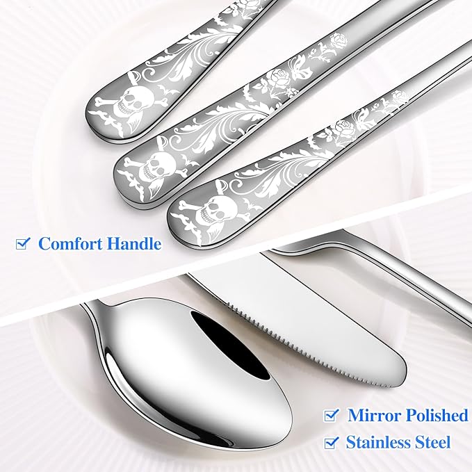 Skull Pattern Silverware Set for 8,OIULO 40-Piece Pirate Pirate Rose Flatware set,Skeleton Flower Bat Butterfly Unique Design,Mirror Polished Gothic tableware Knive Fork Spoon Halloween Party Gift