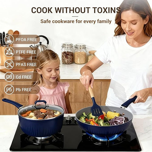 Ammeloo 15-Piece Ribbed Ceramic Cookware Set, Pots and Pans Set Non Stick, Induction Ready, Healthy Non Toxic Kitchen Cooking Set PFAS/PFOA/PTFE-Free, Silicone-wrapped Stay-Cool Handle