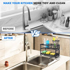 2-Tier Sink Sponge Caddy Organizer | Self Drain Sink Caddy with Dish Brush Holder | Non Toxic Kitchen Sink Accessories for Sponges, Brushes & Soap (Black)