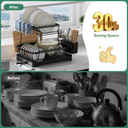 2 Tier Dish Rack, Carbon Steel Dish Drying Rack for Kitchen Organization & Storage, Countertop / Sink Dish Rack with Automatic Drain Tray, Large Capacity Black Dish Rack - Essential Home Kitchen Item