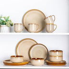 LeRatio Ceramic Dinnerware Sets for 6,Poreclain Plates and Bowls Sets,Handmade Reactive Glaze Dishes Set,Chip Resistant and Scratch Resistant | Oven&Dishwasher & Microwave Safe)-Kahki(18PCS)