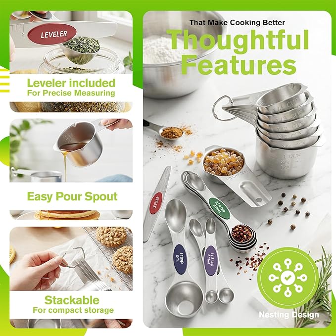 Measuring Cups and Spoons Set, 304 Stainless Steel Measuring Cups Set of 7,8 Magnetic Stainless Steel Measuring Spoons & 1 Leveler for for Measure Dry and Liquid Ingredients