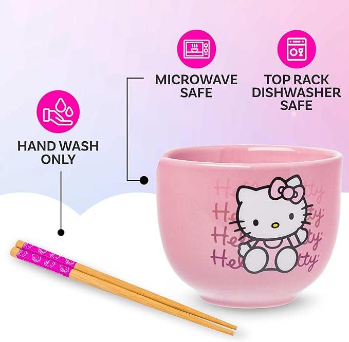 Silver Buffalo Sanrio Hello Kitty Waving Pink Ceramic Ramen Noodle Rice Bowl with Chopsticks, Microwave Safe, 20 Ounces,