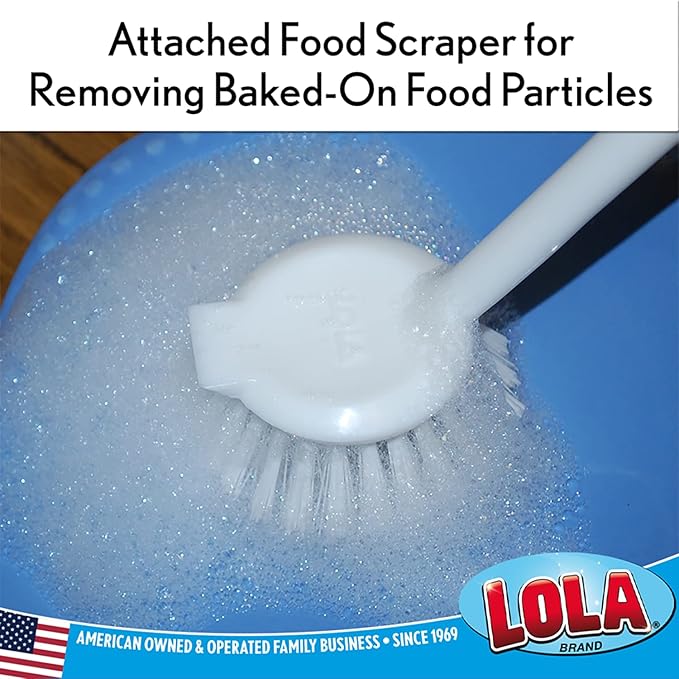 LOLA Dish Brush w/Scraper, 4 Pack, Durable Fiber Non-Scratch Bristles, Ergonomic Non-Slip Grip Handle, for Baked-on & Caked-on Messes