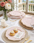 bUCLA 180PCS Pink Plastic Plates - Pink with Gold Rim Disposable for Party Include 30 Each (Dinner & Dessert) Plates, 30 Knives, 30 Forks, 30 Spoons, 30 Cups for Wedding, Birthday & Mother's Day