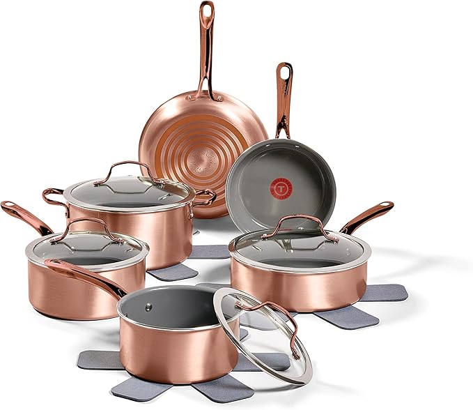 T-fal Preserve Ceramic, Non stick Cookware Set 13-Piece, Oven & Broiler Safe up to 350°F, Includes Stockpot, Saucepans, Frying Pans, Protectors, Pots and Pans, Rose Gold