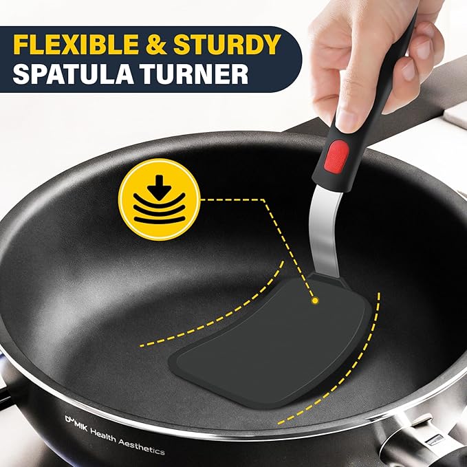 3 Pcs Silicone Spatula Set, Heat Resistant Solid & Slotted Turner for Non-Stick Pans, Silicone Cooking Utensils Set, BPA-Free, Flexible Spatula Turner for Flipping Eggs, Burgers, Pancakes, Black