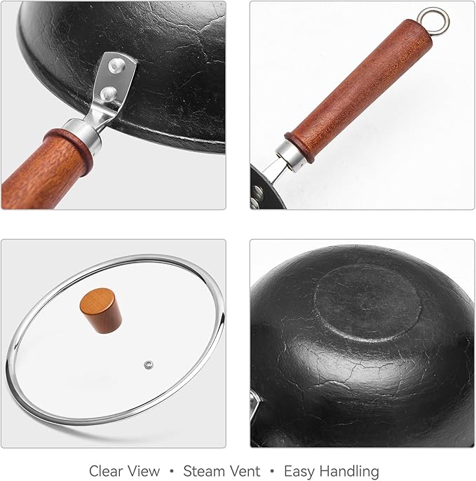 Cast Iron Wok with Lid, 10.2 Inch Flat Bottom Small Wok, Handcrafted Uncoated Iron Wok Stir Fry Pan with Wooden Handle, Tortoise Shell Texture, for Gas Electric Induction