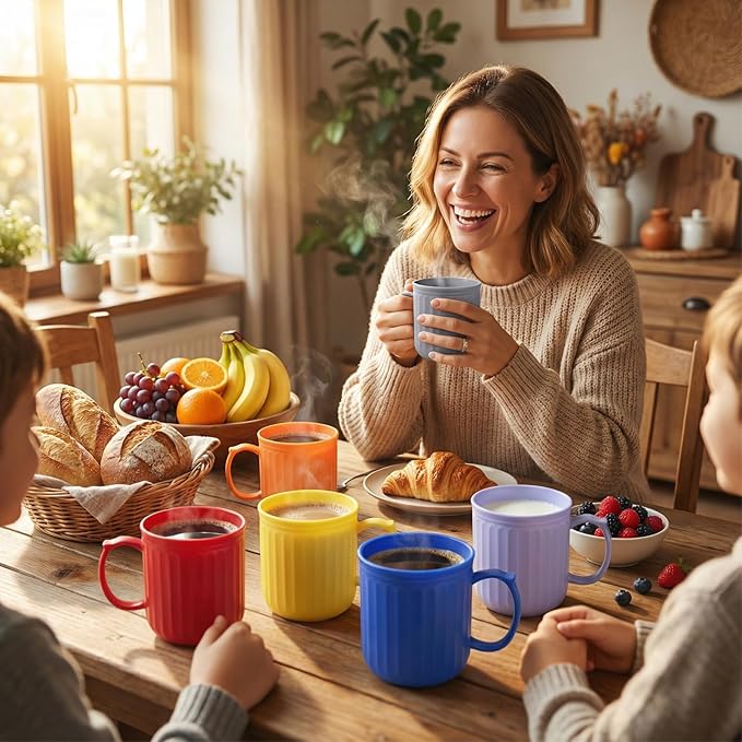 13 oz Plastic Coffee Mugs set of 6 - Unbreakable Coffee Mug, BPA Free Microwave & Dishwasher Safe - Reusable Thick Wall Drinking Cups for Indoor and Outdoor (Assorted Color)