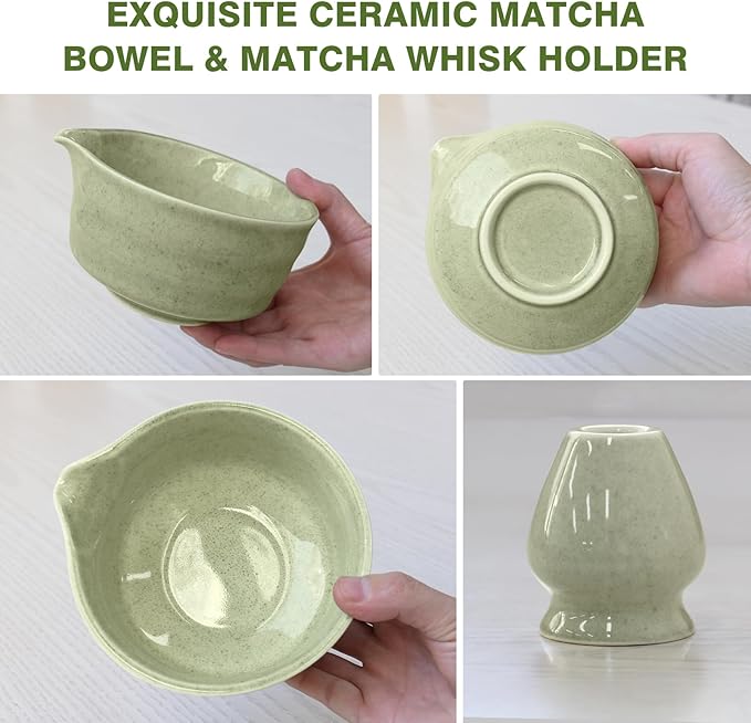 Matcha Whisk Set, 8pcs Japanese Ceremonial Matcha Kit include Mixing Bowl with Spout, Bamboo Whisk and Holder, Bamboo Matcha Scoop and Spoon for Matcha Tea Lovers