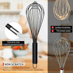 TEEVEA Silicone Whisk Set of 3 Non Scratch Non Stick Silicone Coated Stainless Steel Wire Whisks Heat Resistant 480°F Kitchen Wisk for Cooking Blending Whisking Tool Black