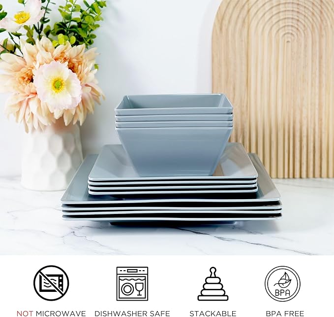 TP 12-Piece Melamine Dinnerware Sets, Plates and Bowls Dishes Set for 4, Break-Resistant & Non-Microwavable, Lightweight Square Dinner Plates, Grey