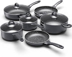 Induction Cookware Pots and Pans Set 10 Piece, BEZIA Dishwasher Safe Nonstick Cooking Pans, Stay-Cool Bakelite Handle, Scratch Resistant Kitchen Sets with Frying Pans, Saucepans & Stockpot (Black)