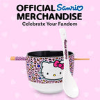 Silver Buffalo Sanrio Hello Kitty Pink Leopard Print Ceramic Ramen Noodle Rice Bowl with Chopsticks and Spoon, Microwave Safe, 20 Ounces