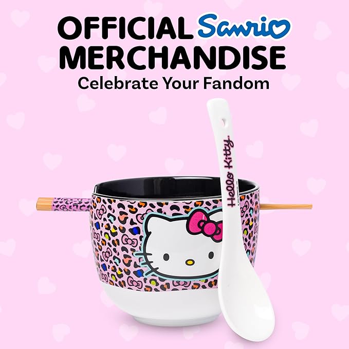 Silver Buffalo Sanrio Hello Kitty Pink Leopard Print Ceramic Ramen Noodle Rice Bowl with Chopsticks and Spoon, Microwave Safe, 20 Ounces
